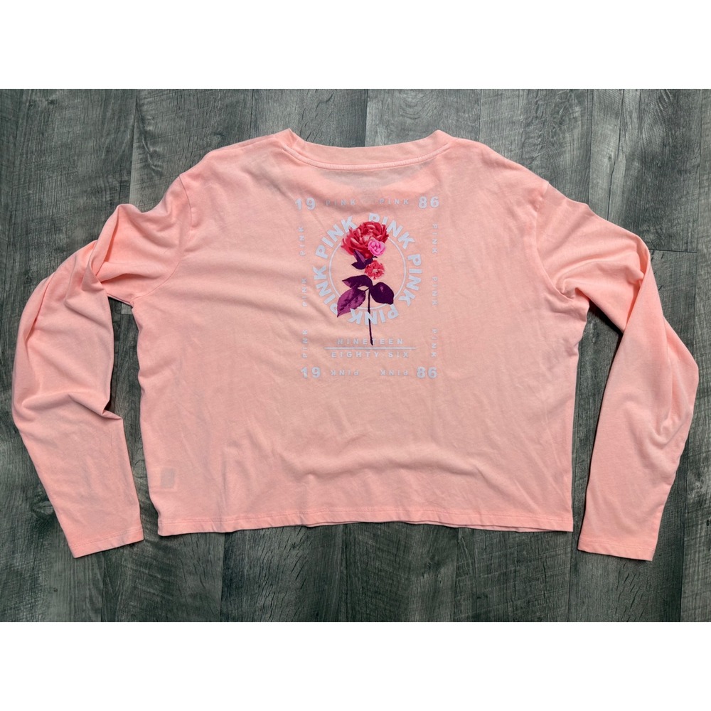 Victoria's Secret PINK Long Sleeve Crop Top Peach Rose Floral Graphic Medium NWT